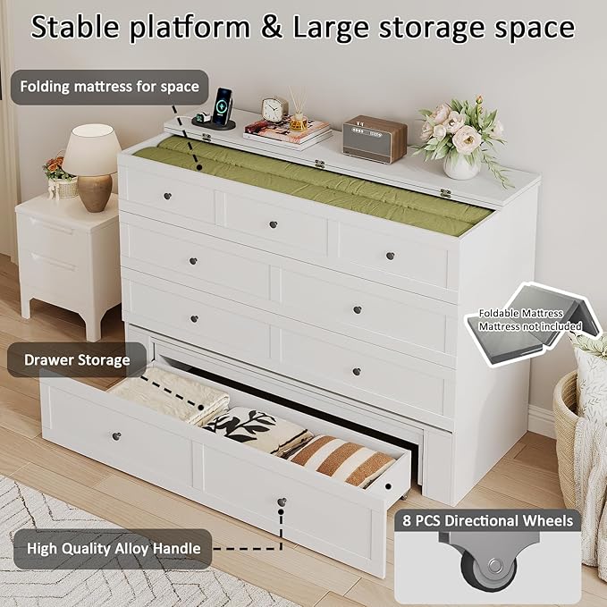 Full Size Murphy Bed with Charging Station & Drawer, Full Size Mobile Cabinet Bed Frame, Murphy Chest Bed for Bedroom, Guest Room