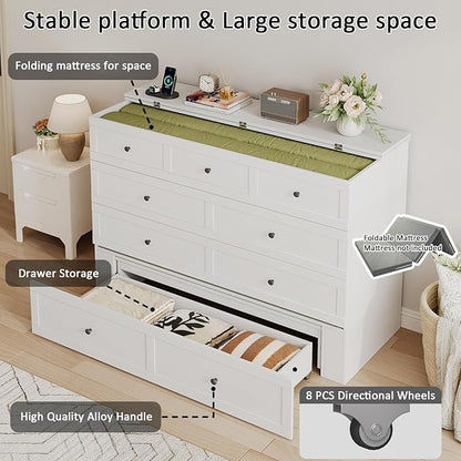 Full Size Murphy Bed with Charging Station & Drawer, Full Size Mobile Cabinet Bed Frame, Murphy Chest Bed for Bedroom, Guest Room