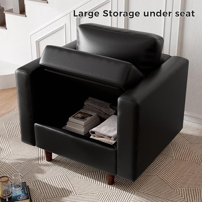 ABCASA Faux Leather Oversized Accent Chair with Storage Deep Seat Single Sofa Large Reading Armchair for Living Room Bedroom Office Black Set of 2
