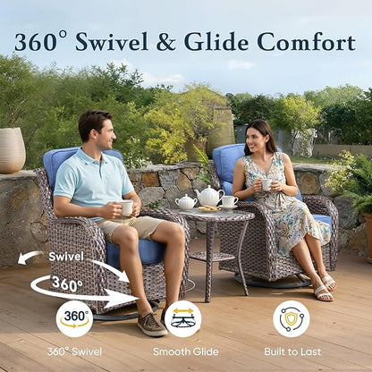 Belord Luxury 6" Thick Cushioned 6 Pieces Patio Furniture Set with Outdoor Couch, Wicker Outdoor Conversation Set with High Back Swivel Rocker Chairs for Deck Porch Yard and Poolside - Brown+Blue