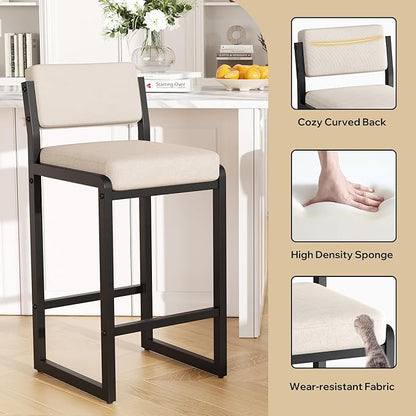 Bar Stools Set of 2, Fabric Counter Height Bar Stools with High Back and Metal Legs, Upholstered Bar Chairs, 26" Modern Barstools for Kitchen Island, Camel