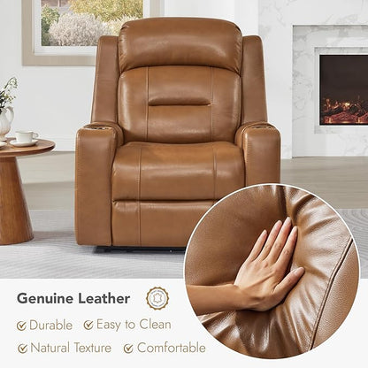 Watson & Whitely Oversized Genuine Leather Power Recliner Chairs for Big and Tall, Extra Wide Lay Flat Recliner with Power Headrest & Cup Holders, Electric Reclining Sofa for Living Room, Saddle