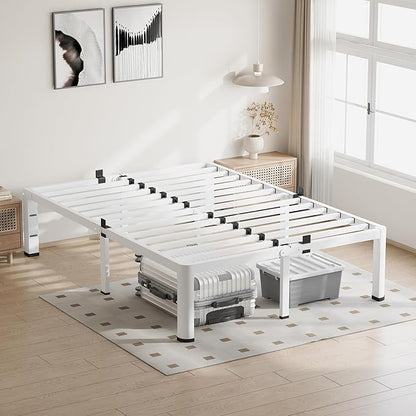 18 Inch Queen Size White Bed Frame, 3500Lbs Heavy Duty Metal Platform with Round Corner Legs Mattress Slide Stopper, Steel Slat Support No Box Spring Needed, Noise Free, Easy Assembly