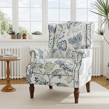 Accent Chair, Upholstered High Back Floral Armchair with Nailhead Trim & Wood Legs, Comfy Wingback Reading Single Sofa Chair for Small Spaces, Living Room, Bedroom ( Plants Blue Floral, Set of 2)
