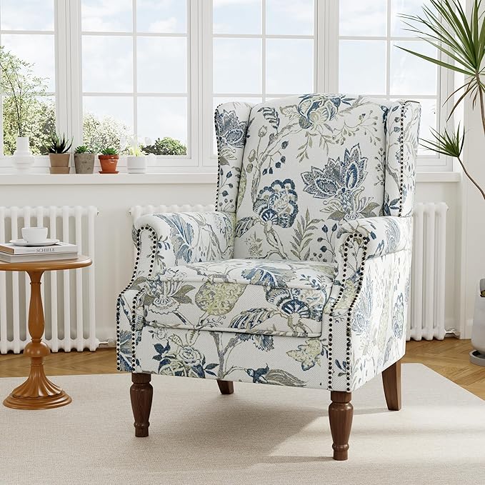 Accent Chair, Upholstered High Back Floral Armchair with Nailhead Trim & Wood Legs, Comfy Wingback Reading Single Sofa Chair for Small Spaces, Living Room, Bedroom ( Plants Blue Floral, Set of 1)