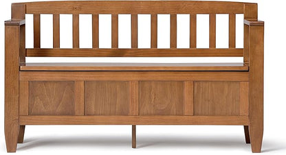 SIMPLIHOME Brooklyn Entryway Storage Bench - 48 inch Wide Solid Wood Storage Seat in Medium Saddle Brown, Contemporary Bench for Entryway or Living Room with Lift-Up Lid and Slatted Backrest