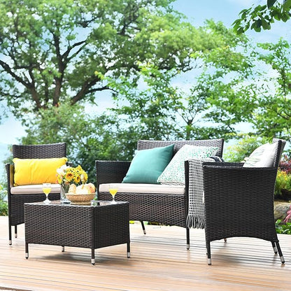 COSTWAY 4PCS Rattan Patio Furniture Set, Outdoor Wicker Rattan Chairs with Coffee Table, Rattan Cushioned Conversation Set for Backyard Balcony Porch Poolside, Brown