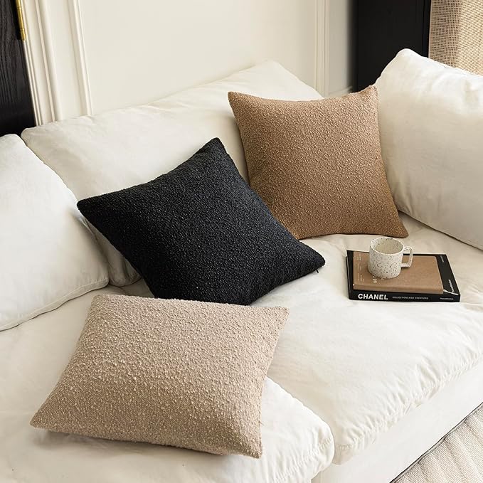 Foindtower Set of 2, Decorative Textured Boucle Throw Pillow Covers Accent Solid Pillow Cases Neutral Soft Couch Cushion Case for Chair Sofa Bedroom Living Room Home Decor 24 x 24 Inch Black
