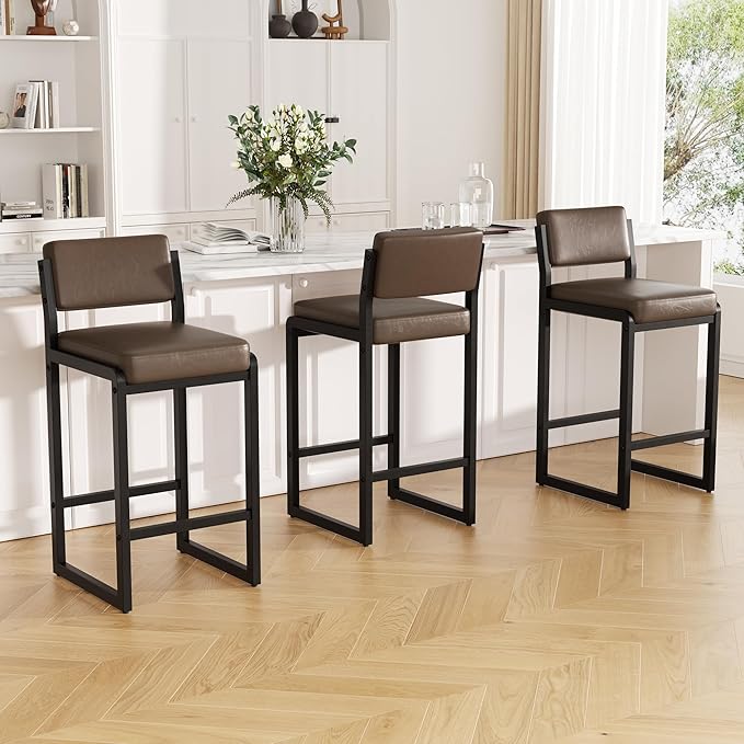 Bar Stools, Faux Leather Counter Height Bar Stools with High Back and Metal Legs, Upholstered Bar Chairs, 26" Modern Barstools for Kitchen Island, Dark Brown