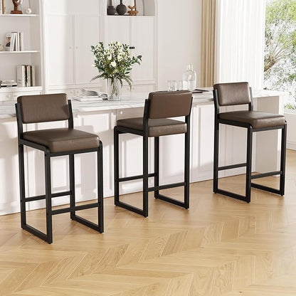 Bar Stools, Faux Leather Counter Height Bar Stools with High Back and Metal Legs, Upholstered Bar Chairs, 26" Modern Barstools for Kitchen Island, Dark Brown