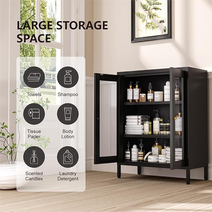 Metal Bathroom Cabinet, Small Floor Storage Cabinet, Freestanding Sideboard with 2 Adjustable Shelves for Living Room, Dinging Room (Black, 31.5" H-2 Doors)
