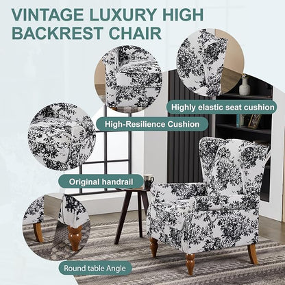 ZMAD Accent Chair, Upholstered High Back Floral Armchair Wood Legs, Comfy Wingback Reading Single Sofa Chair,Plus a Solid Wood Coffee Table for Small Spaces, Living Room, Bedroom (Antique White+Gray)
