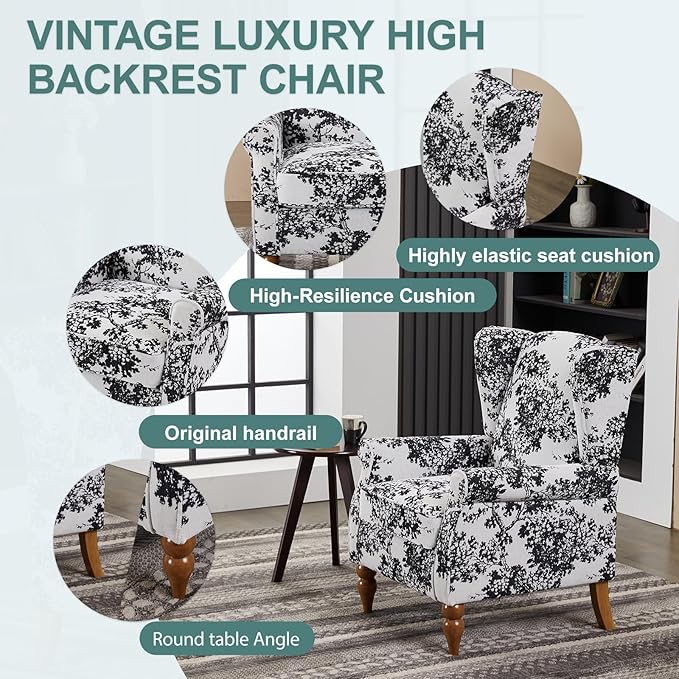 Modern High - Back Accent Chair and Side Table Set - Upholstered Wingback Armchair for Living Room, Bedroom,Office(Floral)