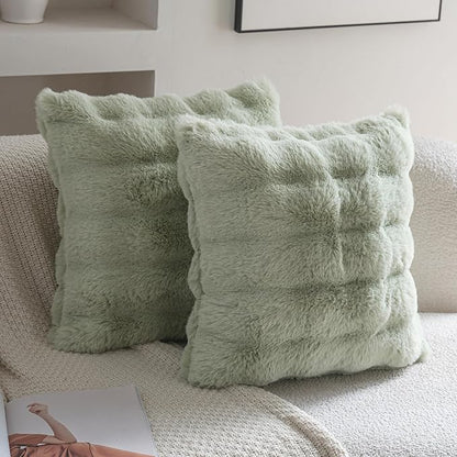 Neelvin Green Faux Fur Cozy Soft Double-Sided Decorative Throw Pillow Covers 18x18 inch Set of 2,Velvet Pillowcase Cushion Case for Sofa Couch