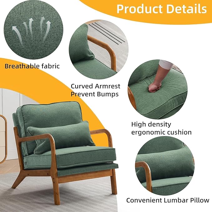 Mid-Century Accent Chair Set of 2,Linen Fabric Lounge Chair with Wide Armrest,Linen Fabric Armchair withLumbar Pillow & Solid Wood Frame for Living Room, Bedroom, Balcony(Green)