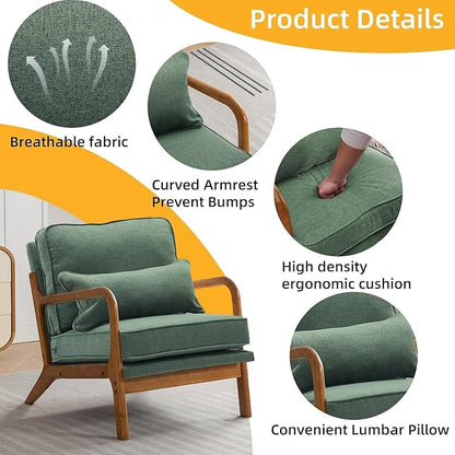 Mid-Century Accent Chair Set of 2,Linen Fabric Lounge Chair with Wide Armrest,Linen Fabric Armchair withLumbar Pillow & Solid Wood Frame for Living Room, Bedroom, Balcony(Green)
