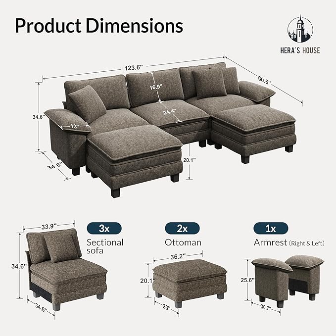 HERA'S HOUSE 124" Modular Sectional Sofa, Oversized U Shaped Couches for Living Room, Comfy Cloud Couch with Ottoman, 5-Seater Deep Seat Sofa with Throw Pillow, Chenille Ash