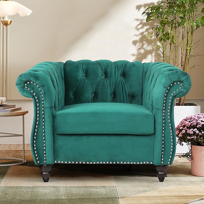 2 Piece Living Room Furniture Set, Velvet Loveseat and Chair Set, Mid Century Modern Upholstered Sofa Couch with Cushions, Comfy Tufted Chesterfield Couches for Living Room, Bedroom, Office