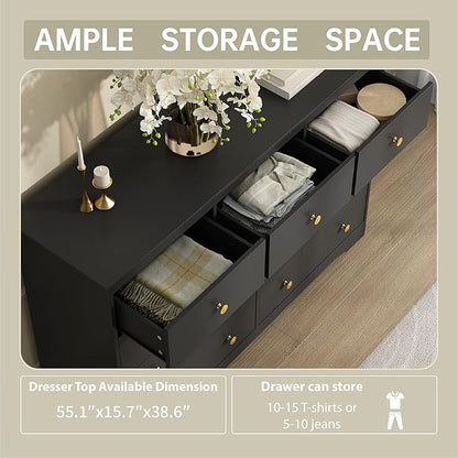 Black Dresser for Bedroom, 9 Drawer Dresser with Large Drawers, 55 Inch Wide Wood Chest for Living Room, Hallway