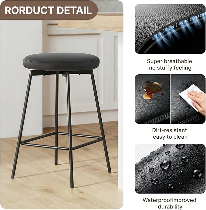 Swivel Bar Stools Set of 2, 24" Counter Height Bar Stool, Backless Barstools with Faux Leather Upholstered Seat&Sturdy Wood Legs for Kitchen Island, Black
