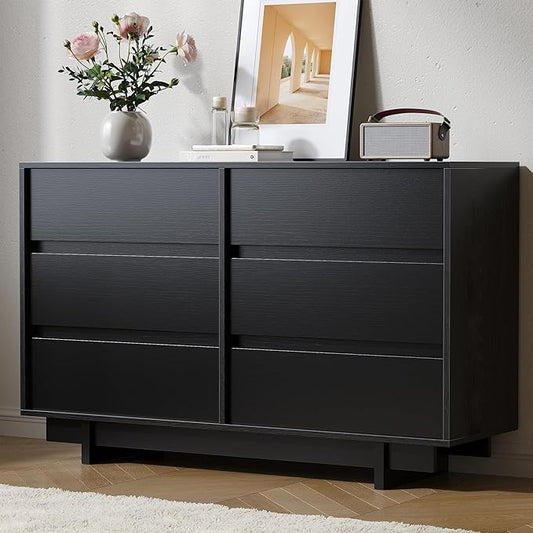 Black Dresser for Bedroom, 47" Wide 6 Drawer Dresser, Mid Century Modern Dressers Chest of Drawers, Wooden Large Dressers for Bedroom, Closet