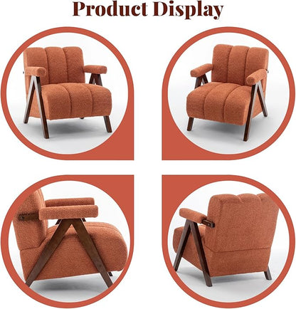 Mid Century Modern Accent Chair with Solid Wood Frame, Boucle Upholstered Living Room Chairs with Thick Cushion, Comfy Tufted Arm Chair for Bedroom, Orange