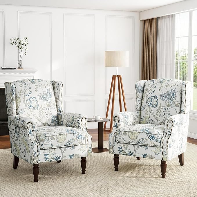 UIXE High Back Floral Accent Chair, Fabric Upholstered Armchair Wingback Chair for Living Room, Nailhead Trim Single Sofa Bedroom Side Reading Seat - Plants Blue