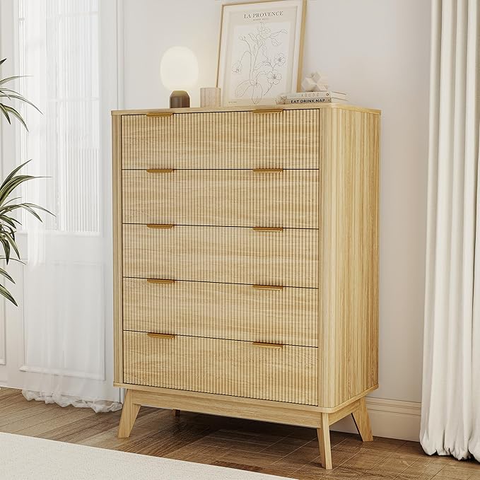 Fluted 5 Drawer Dresser, Tall Dresser with Deep Drawers, Wood Chest of Drawers for Bedroom, Modern Tall Chest Storage Organizer, Natural Finish for Hallway, Entryway, Living Room (Oak)