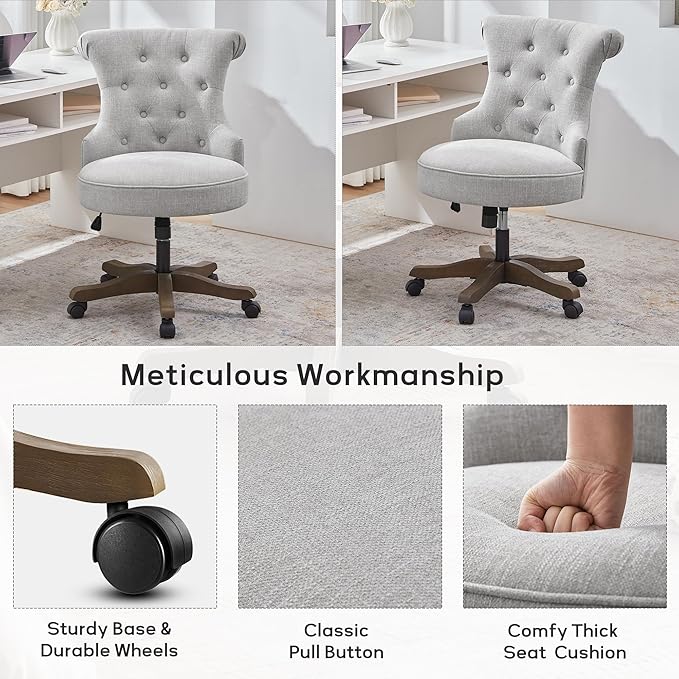 Home Office Adjustable Height Swivel Chair With Wheels - Linen Fabric Upholstered Computer Desk With Wooden Legs - Comfortable Armless for Study Studio (Light Grey)