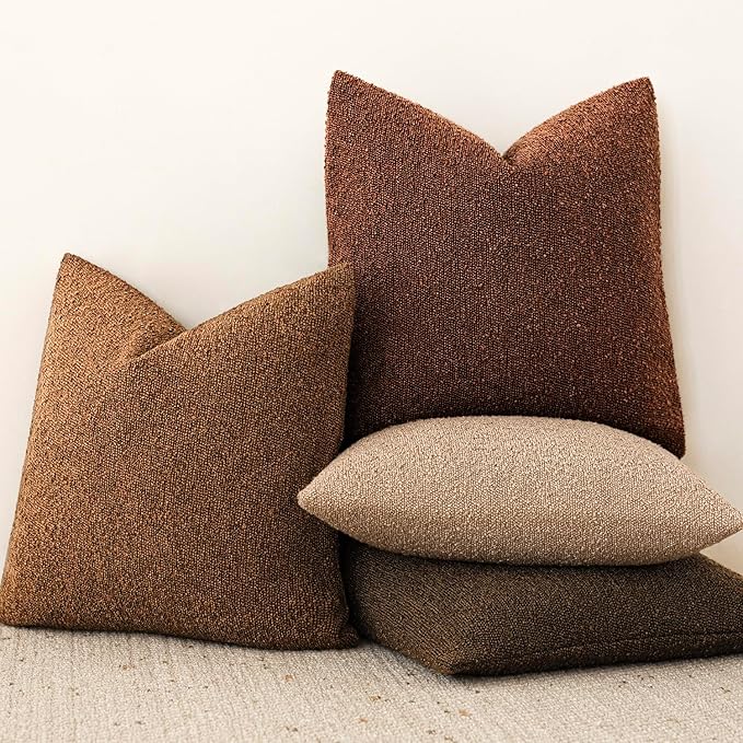 Foindtower Pack of 2 Modern Textured Boucle Throw Pillow Covers Accent Solid Decorative Pillow Cases Cozy Woven Couch Cushion Case for Chair Sofa Bedroom Living Room Home Decor 20x20 Inch Hazel Brown
