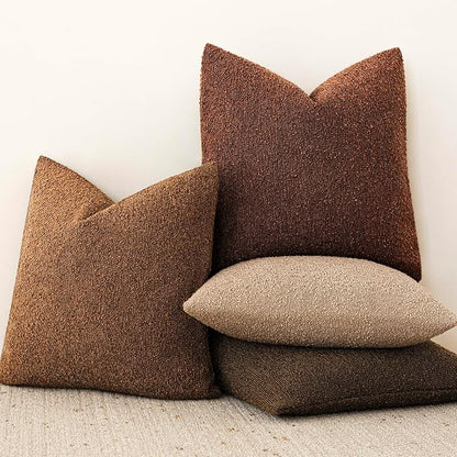 Foindtower Pack of 2 Modern Textured Boucle Throw Pillow Covers Accent Solid Decorative Pillow Cases Cozy Woven Couch Cushion Case for Chair Sofa Bedroom Living Room Home Decor 20x20 Inch Hazel Brown