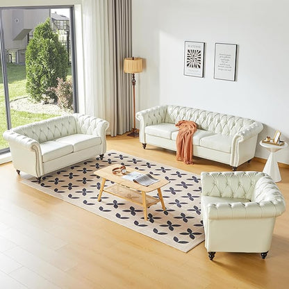Chesterfield Loveseat Sofa, Modern Leather Small Sofa Couch 2 Seater with Rolled Arms and Nailhead, Mid Century Modern Loveseat Couch for Small Spaces Living Room Bedroom Apartment, White