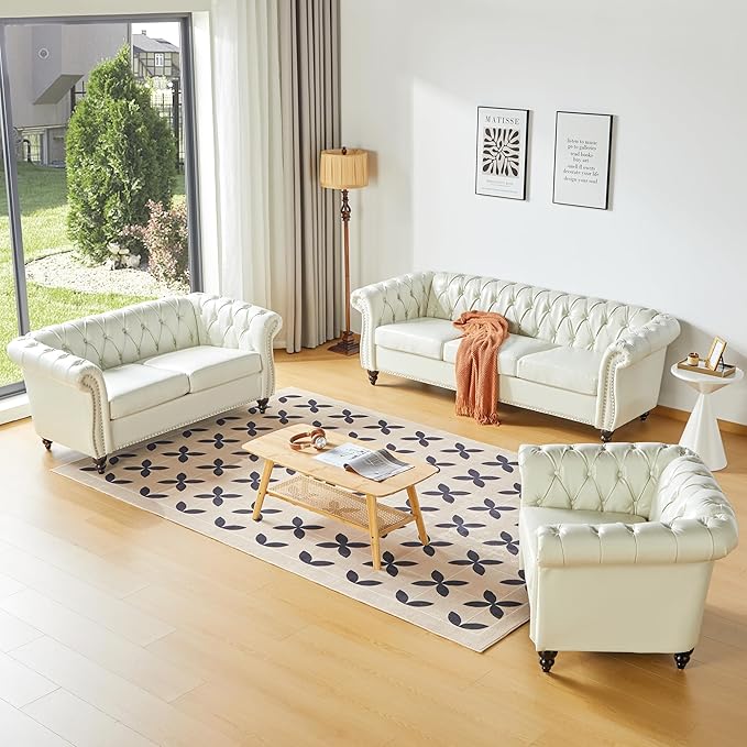 Living Room Chair, Modern Leather Chesterfield Sofa Chair, Mid Century Single Sofa Couch Chair with Tufted Back and Rolled Arms, Accent Sofa Chair for Living Room Apartment, White