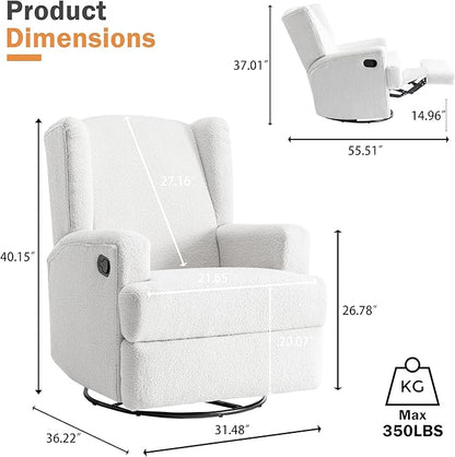 Boucle Swivel Glider Recliner Chairs Set of 2 for Adults - Plush High Back Rockers with Deep Seat, Coordinating Manual Recliners for Living Room, Luxury Upholstered Armchairs-White