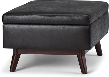 SIMPLIHOME Owen 34 inch Wide Mid Century Modern Rectangle Coffee Table Storage Ottoman in Distressed Black Vegan Faux Leather, Assembled, for the Living Room, Entryway and Family Room