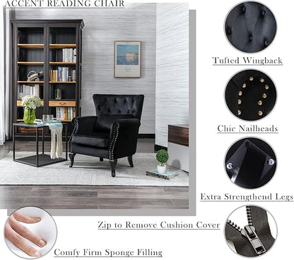 Mid Century Modern Accent Chair Upholstered Armchair Comfy Velvet Fabric Single Sofa with Tufted Wingback for Small Spaces Bedroom Living Room, Black