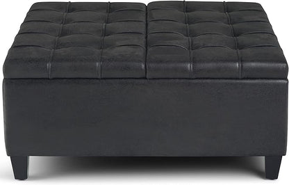 SIMPLIHOME Harrison Coffee Table Storage Ottoman - 36 inch Wide Upholstered Vegan Leather Square Lift-Top Ottoman in Distressed Black, Transitional Ottoman for Living Room with Hidden Storage