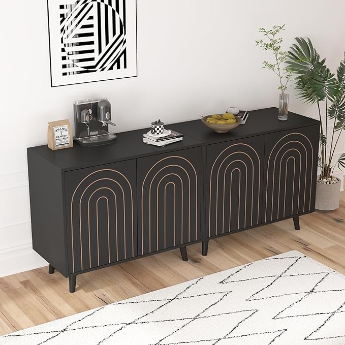 63" Sideboard Buffet Cabinet Set of 2, Modern Accent Cabinet with Carving Lines, Decorative Storage Cabinets for Bedroom Living Room Kitchen Office and Hallway (Black, 2)