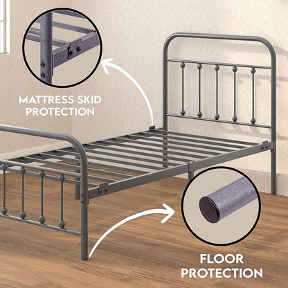 Golden Gate Beds Vintage Wrought Iron Bed Frame with Classic Metal Platform Base, Headboard and Footboard, No Box Spring Needed, Easy Assembly, Mattress Foundation, Sleek Silver Finish - Twin Size