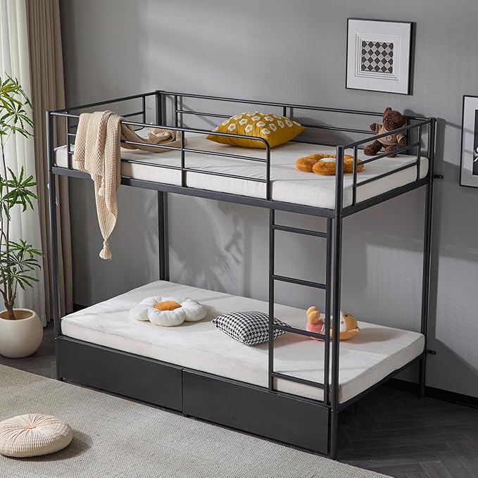 Karl home Metal Bunk Bed Twin Over Twin with 2 Storage Drawers, with USB Charging Station and LED Lighted, Safety Guardrail & Ladder, Easy Assembly, Space Saving, No Noise, No Box Spring Needed, Black