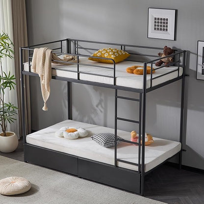 Karl home Metal Bunk Bed Twin Over Twin with 2 Storage Drawers, with USB Charging Station and LED Lighted, Safety Guardrail & Ladder, Easy Assembly, Space Saving, No Noise, No Box Spring Needed, Black