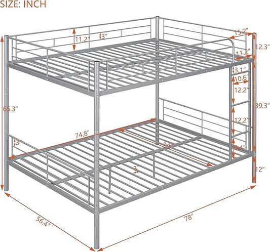Merax Full Over Full Metal Bunk Bed with Ladder and high Guardrail, Able to Split, Storage Space, No Box Spring Needed, Noise Free, Silver