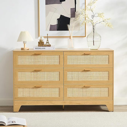 Natural Rattan 6-Drawer Dresser | Modern Bohemian Storage Chest – Includes Anti-Tip Wall Straps & Metal Slides | Versatile Furniture for Bedroom or Living Room