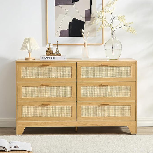 Natural Rattan 6-Drawer Dresser | Modern Bohemian Storage Chest – Includes Anti-Tip Wall Straps & Metal Slides | Versatile Furniture for Bedroom or Living Room