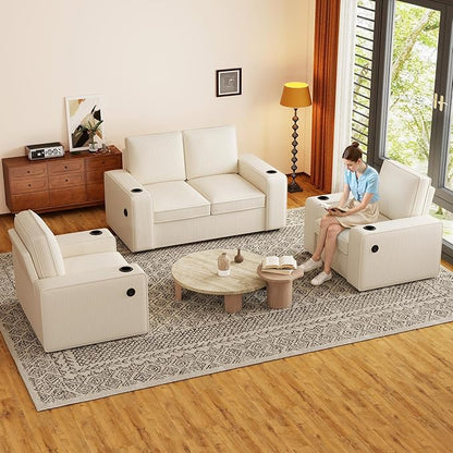 Furnimart 3-Seater Living Room Set Corduroy, 58" Wide Loveseat & Accent Chair with USB Chargers, Cup Holders & High-Density Foam, Modern Sofa & Armchair Set for Apartment, Living Room(2 Colors)
