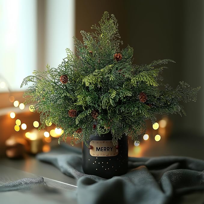 10PCS Artificial Pine Tree Branches, Green Pine Stem Real Touch Fake Greenery Green Plants Pine Needles DIY Accessories for Wreath Christmas and Home Garden Decor