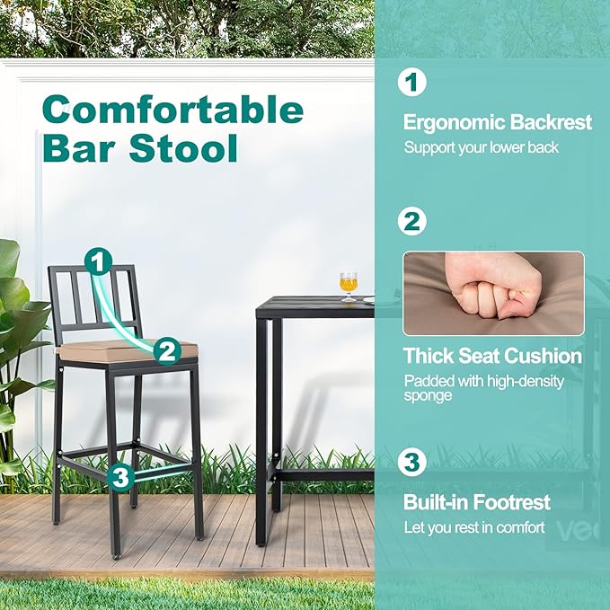 COSTWAY 3 Piece Outdoor Patio Bar Set, 48" Rectangular Pub Height High Top Bar Table with 2 Cushioned Bar Stools, Metal Bar Table and Chairs Set for Balcony, Backyard, Porch