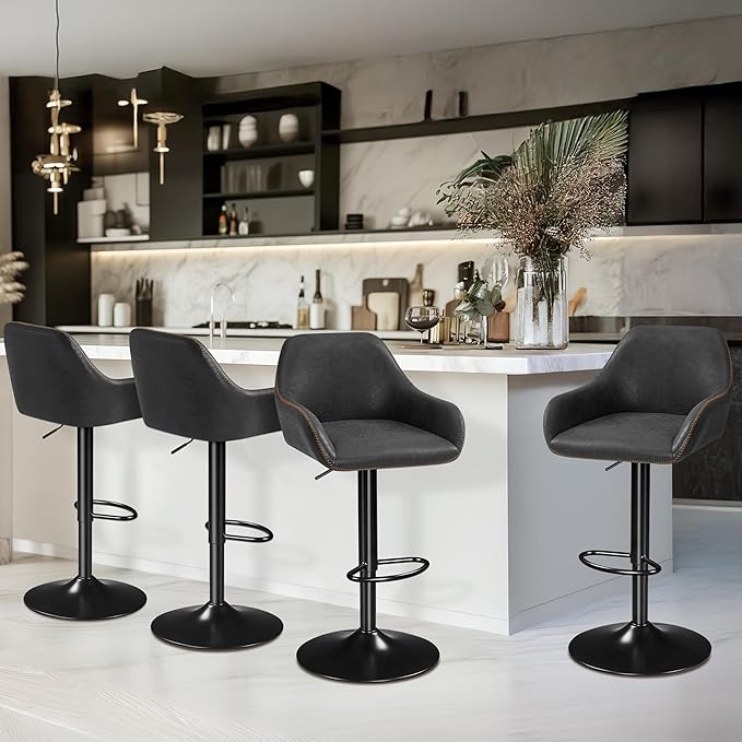Yaheetech Bar Stools Set of 4, PU Leather Swivel Counter Height Barstools, Adjustable Bar Chairs with Backrest and Footrest, Kitchen Island Stool for Home Kitchen, Black