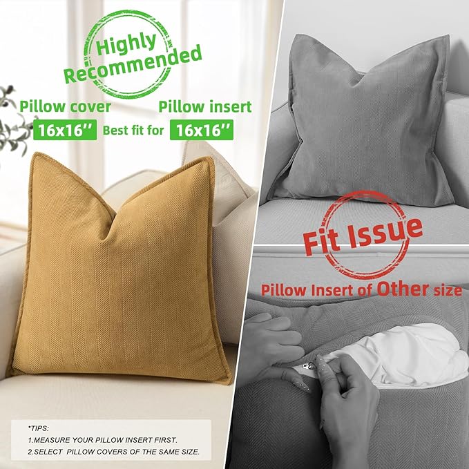 ZWJD Mustard Yellow Throw Pillow Covers 16x16 Set of 2 Chenille Pillow Covers with Elegant Design Soft and Luxurious Decorative Throw Pillows for Couch, Bed, and Home Decor