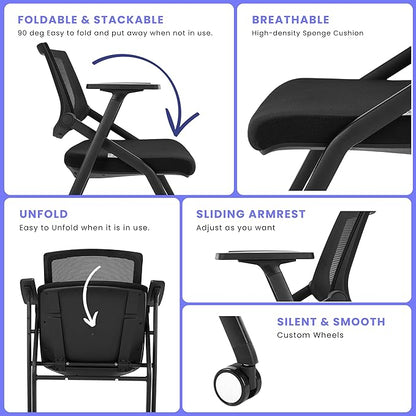 30 Pack Stackable Conference Room Chairs with Wheels and Paddle, Ergonomic Mesh Back and Arms for Meeting, Conference, Reception, Training Room & Home Office Desk Folding Chairs
